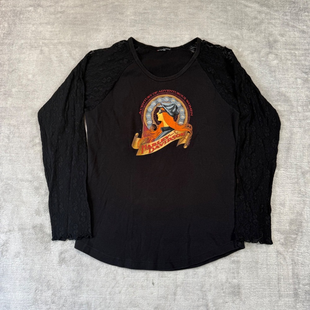 Harley Davidson Shirt Womens Medium Black Lace Adventurous Women Vintage 2002